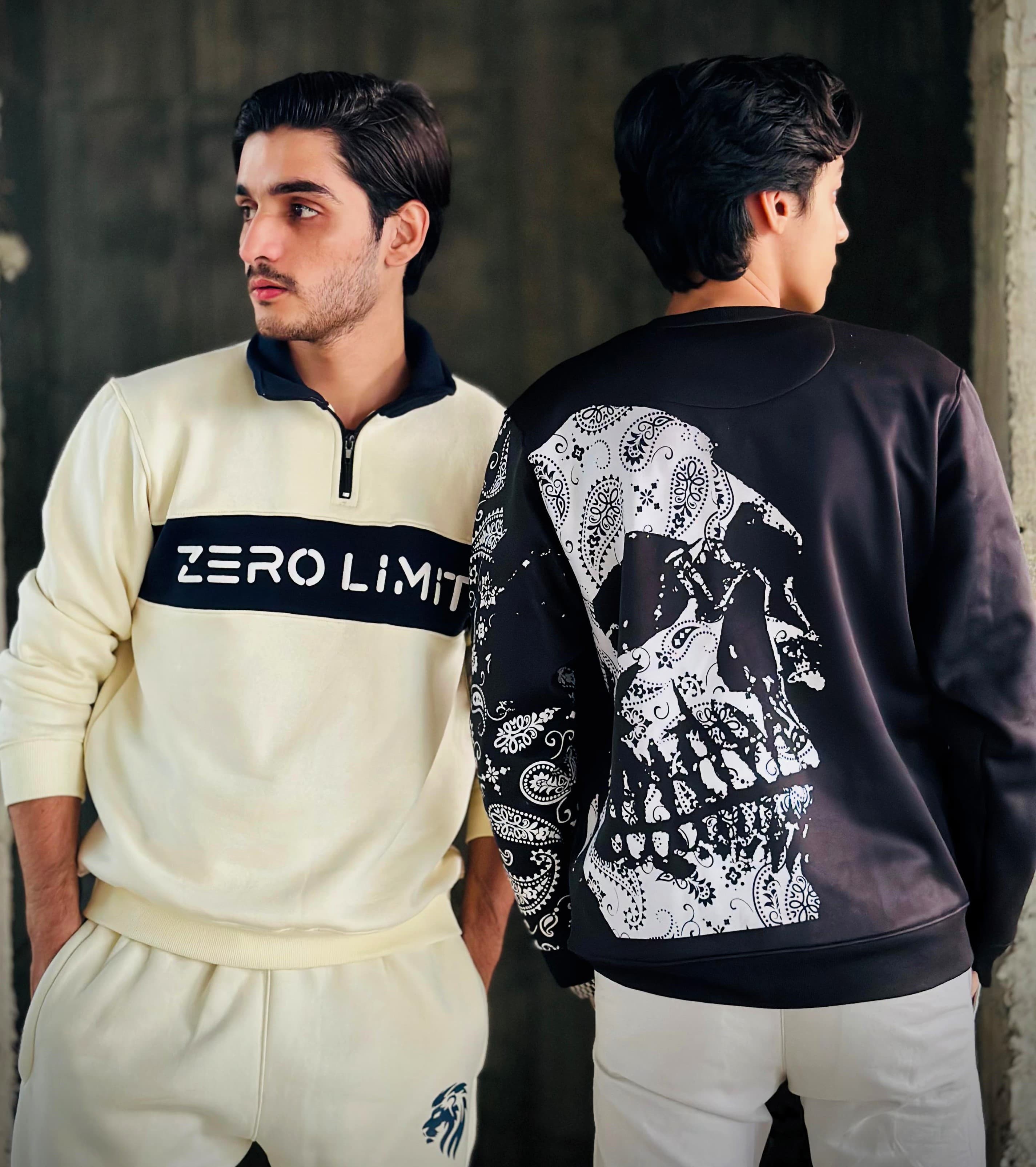 Fashion showcase featuring urban streetwear collection with two models wearing contrasting outfits